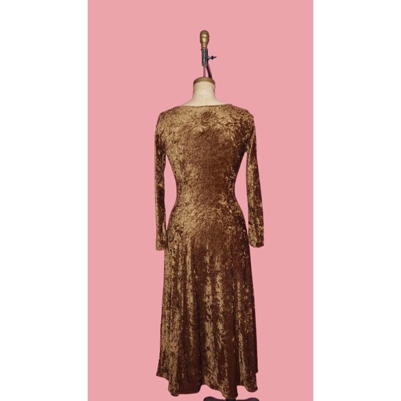 1990s CRUSHED VELVET Long Sleeve Dark Brown TIMING Maxi Dress. Small-Medium - Picture 3 of 9